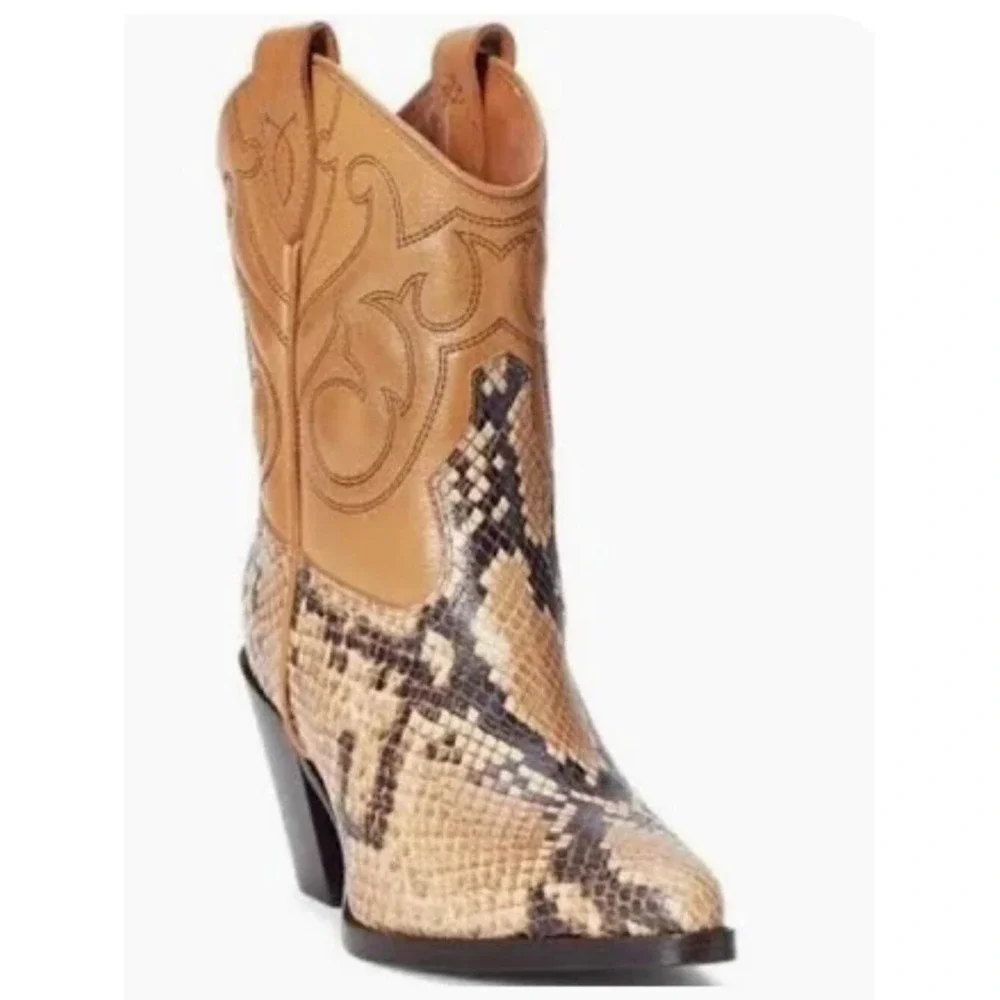 Polo Ralph Lauren women's tan leather and snakeskin-embossed ankle boots Size 7